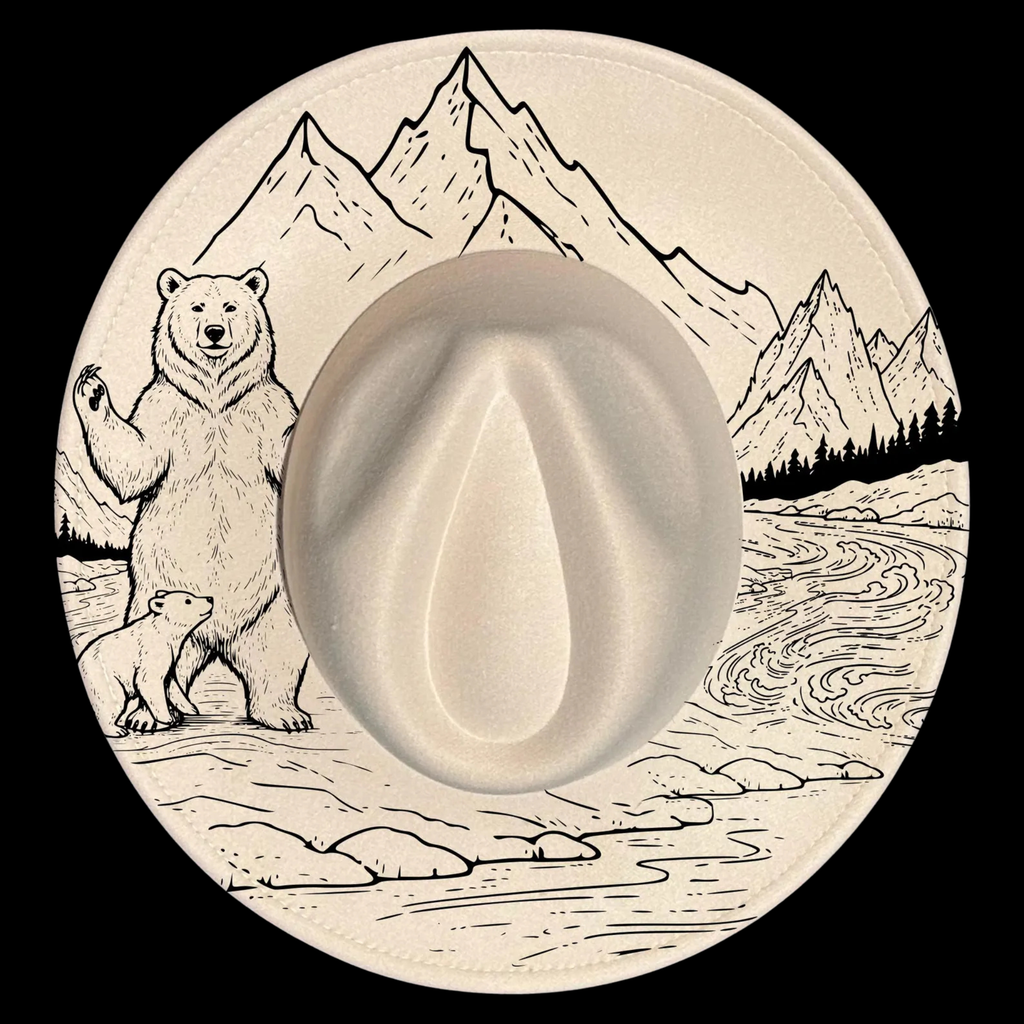 A wide brim hat with a mama bear, cub, and mountains on a black background.
