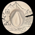 A wide brim hat with a mama bear, cub, and mountains on a black background.