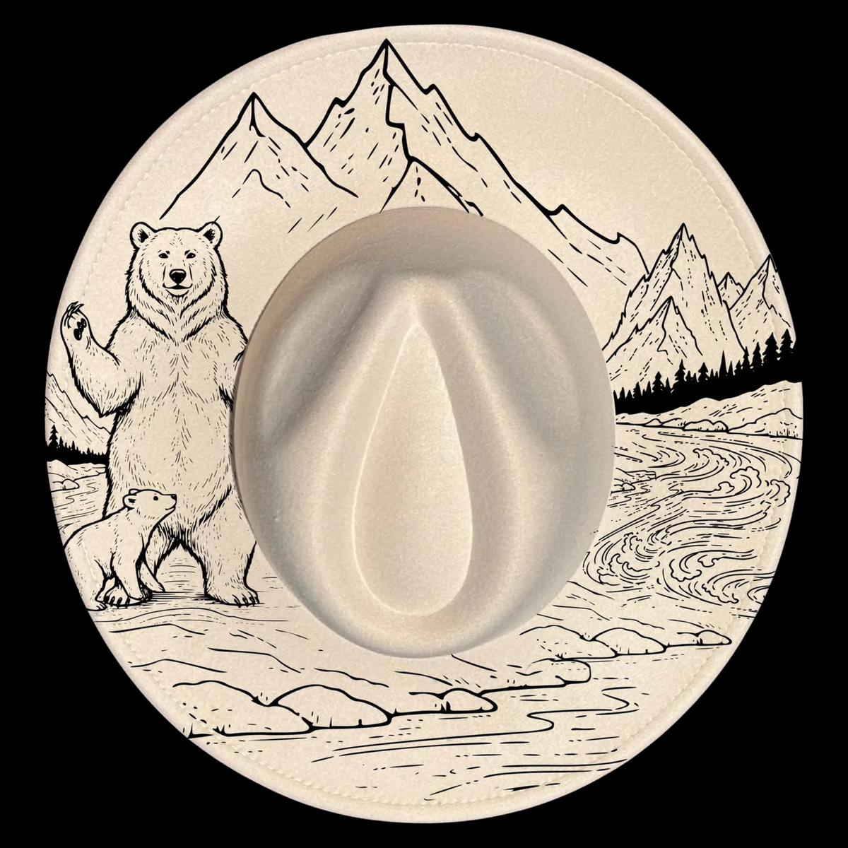 A wide brim hat with a mama bear, cub, and mountains on a black background.