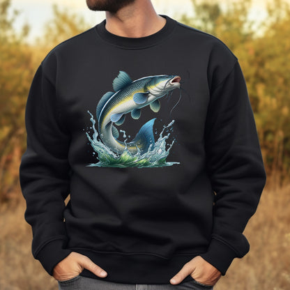 Black sweatshirt with a catfish graphic worn by a person, outdoors.