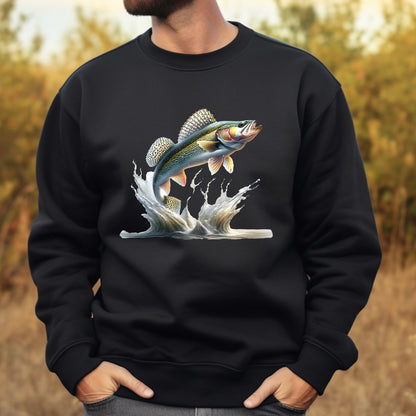 Black sweatshirt with a walleye fish graphic worn by a man, against a blurred natural background