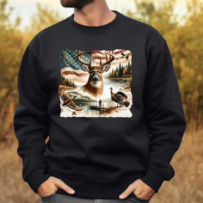Black sweatshirt with a nature-themed graphic featuring a deer, American flag, and birds on a blurred natural background.