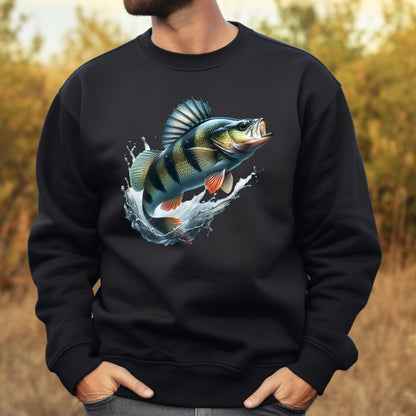 Black sweatshirt with a colorful perch fish design worn by a man outdoors.