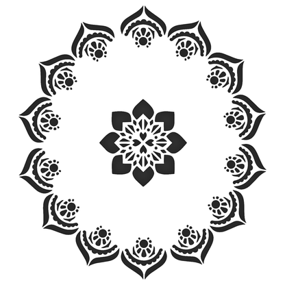 Black mandala pattern on a white background