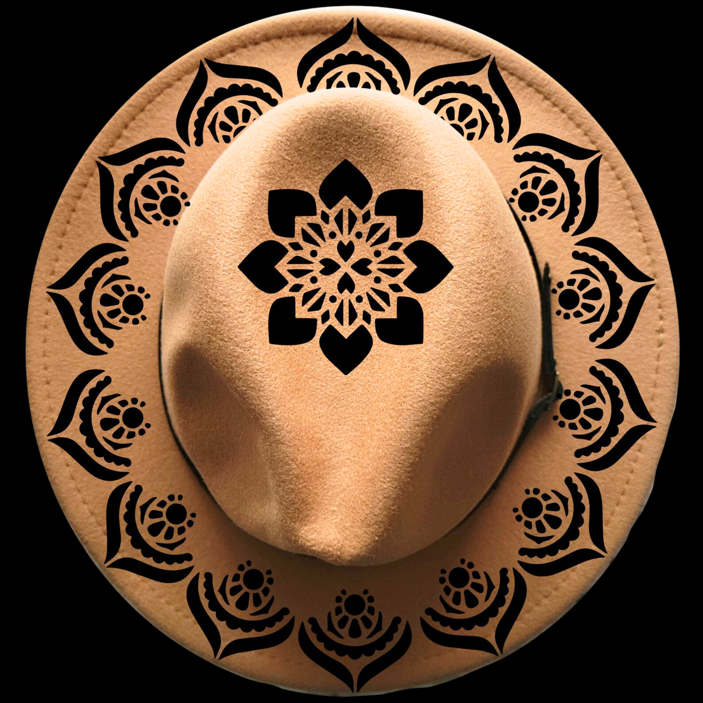 Narrow brim hat with black mandala patterns on a black background