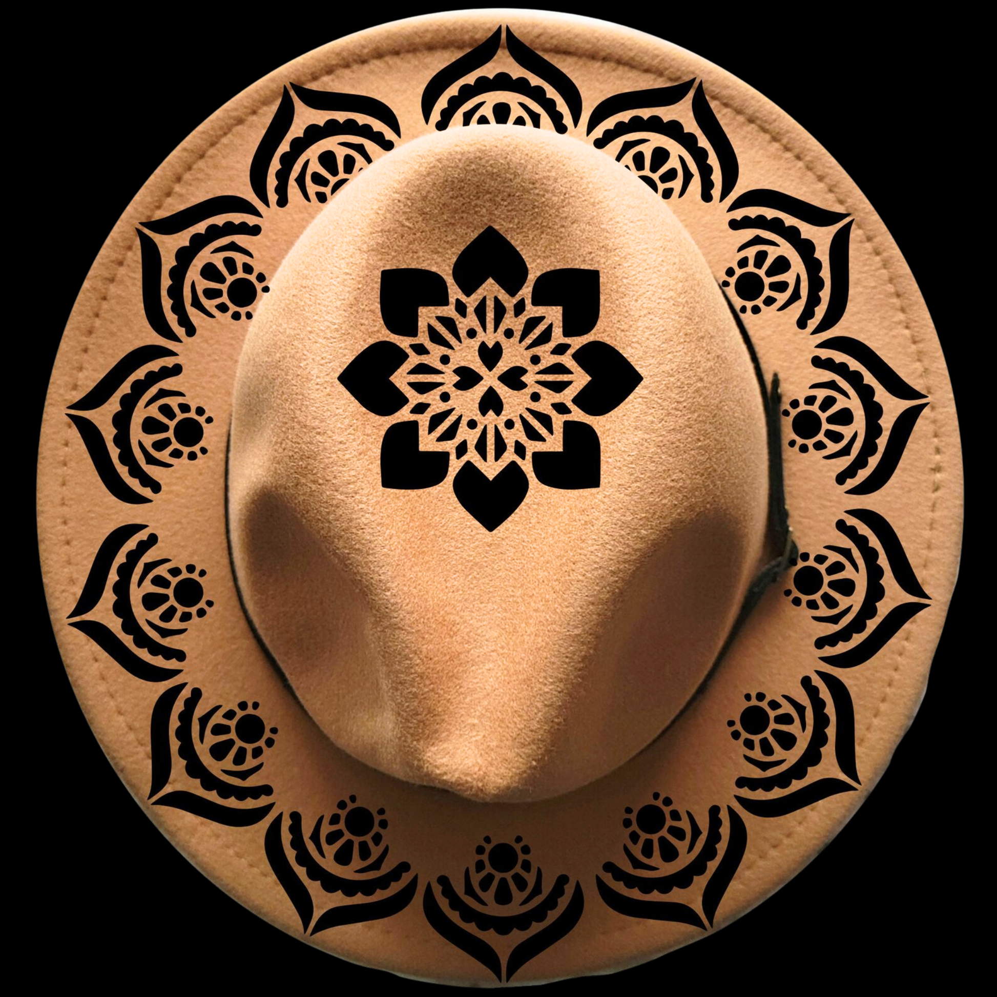 Narrow brim hat with black mandala patterns on a black background