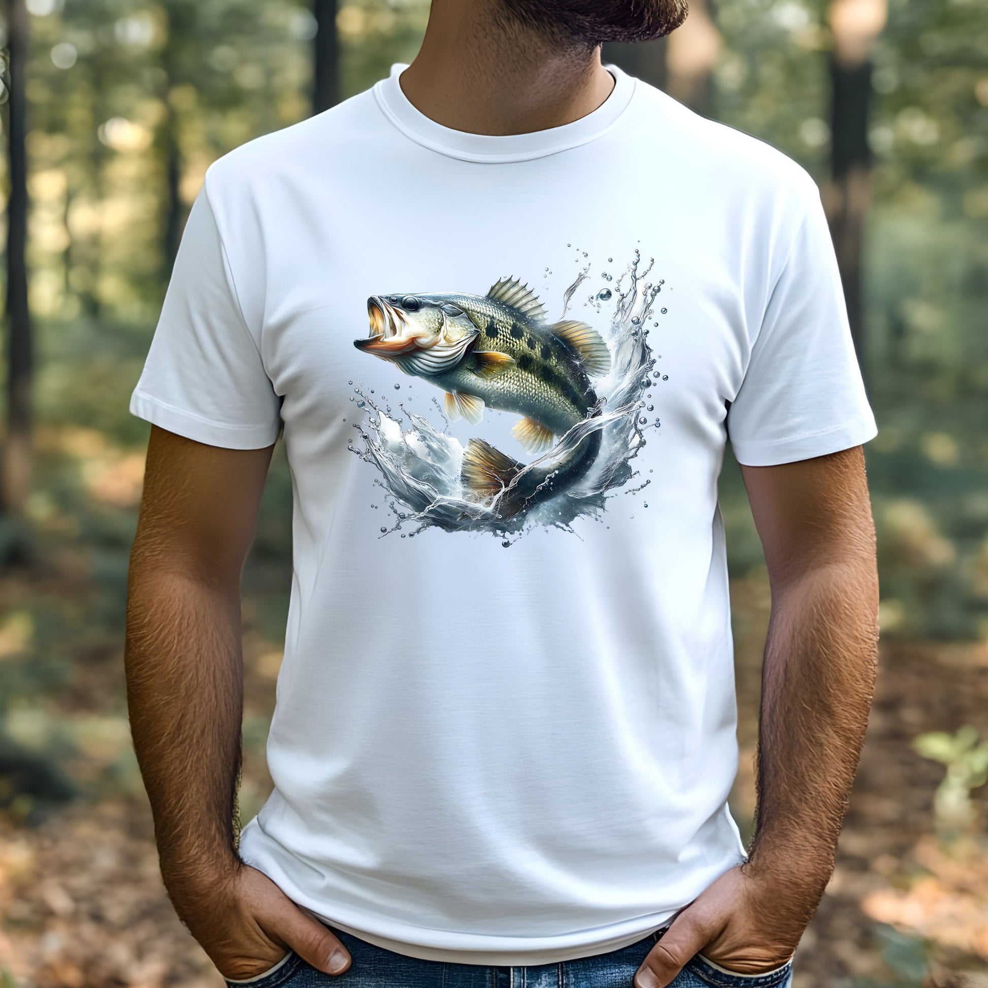 White t-shirt with a smallmouth bass fish graphic worn by a man in a forest setting