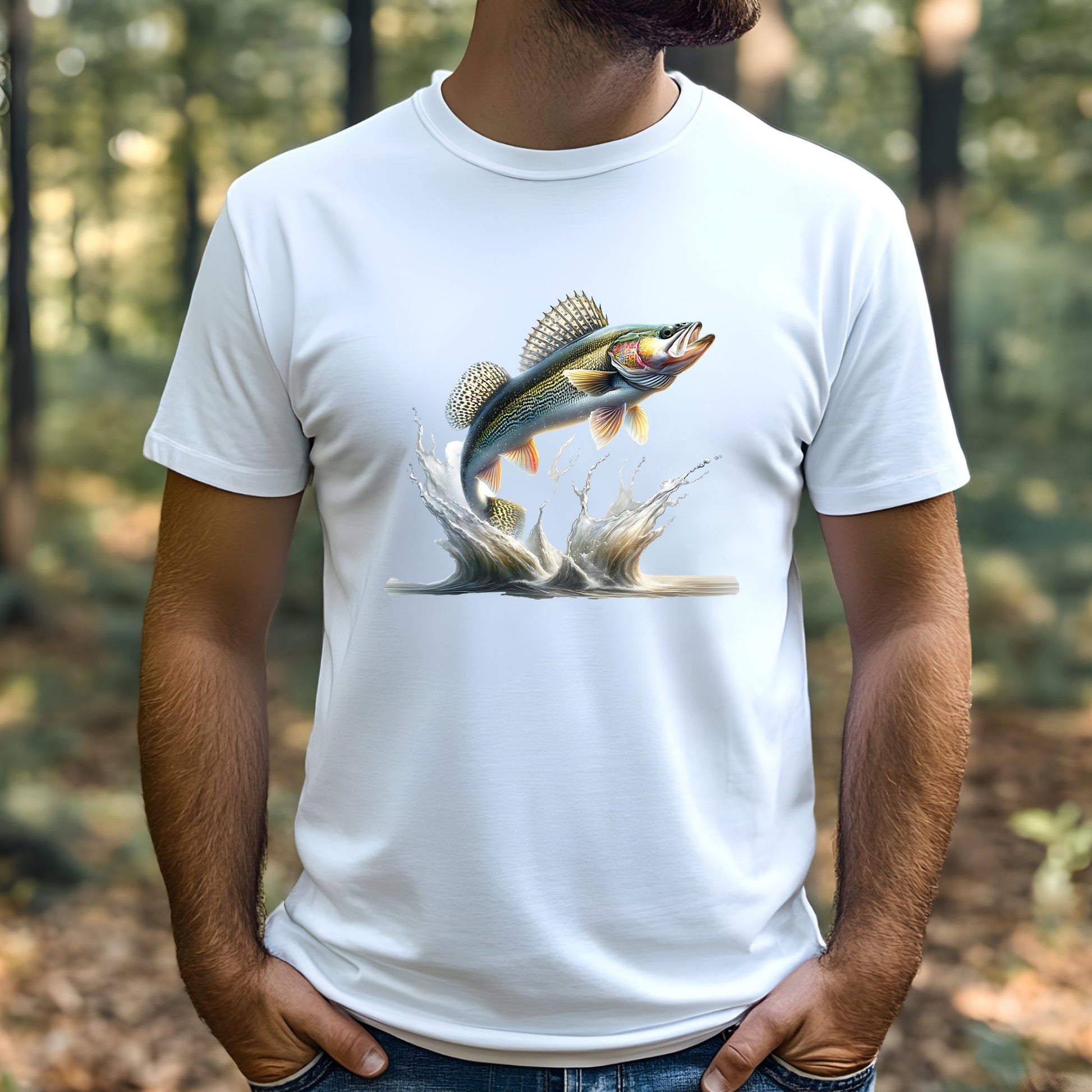 Man wearing a white t-shirt with a walleye fish graphic in a forest setting