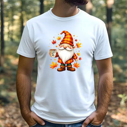 White t-shirt with a cartoon gnome and coffee cup design worn by a man outdoors.