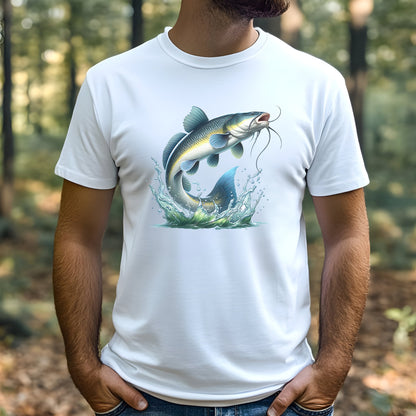 Person wearing a white t-shirt with a catfish graphic in a forest setting