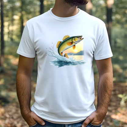 White t-shirt with a walleye fish graphic worn by a man in a forest setting
