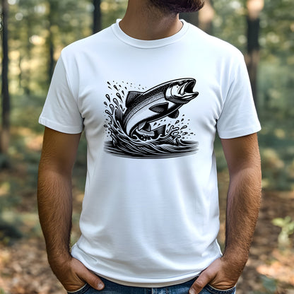 Man wearing a white t-shirt with a black fish graphic design outdoors.