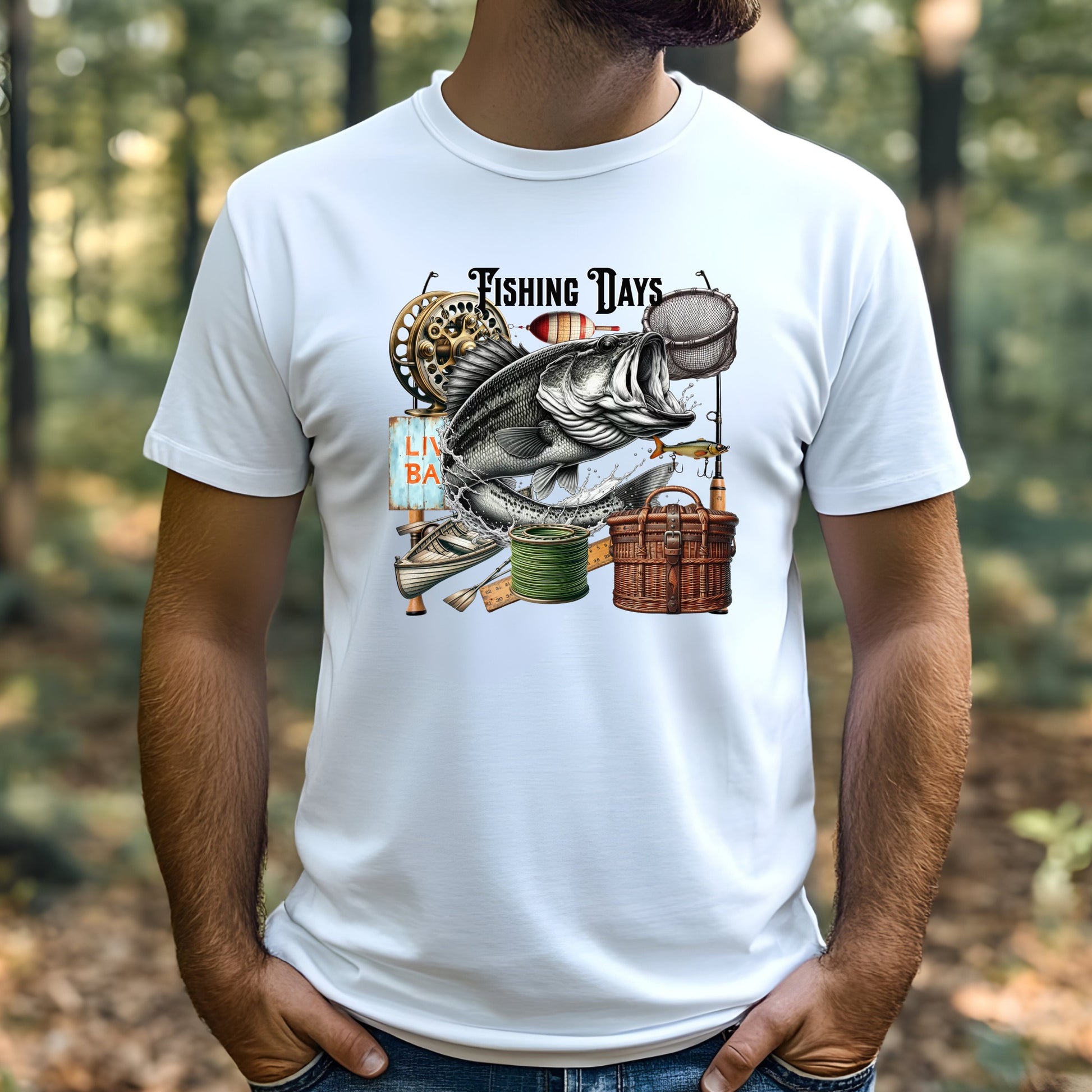 White t-shirt with fishing-themed graphic and 'Fishing Days' text worn by a man outdoors.
