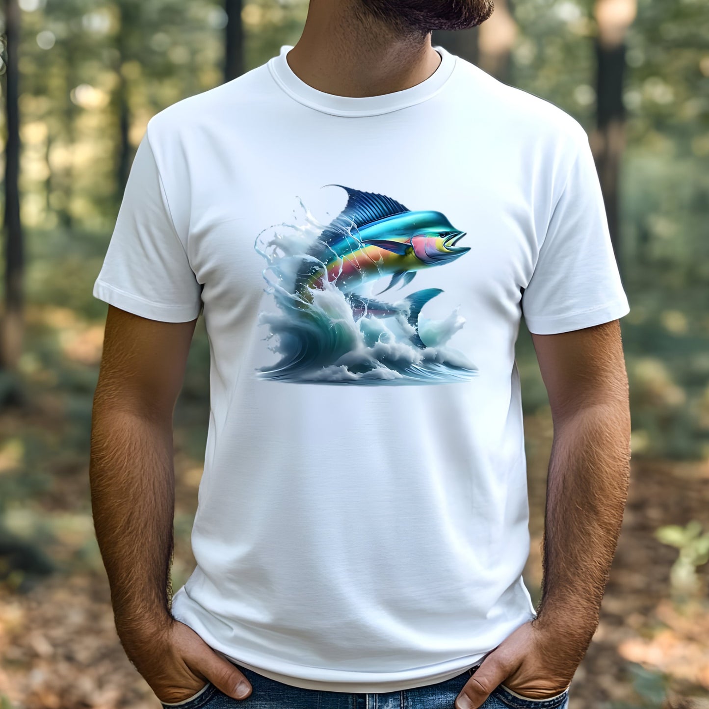 Man wearing a white t-shirt with a colorful Mahi Mahi fish design outdoors.