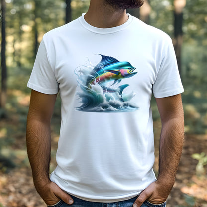 Man wearing a white t-shirt with a colorful Mahi Mahi fish design outdoors.