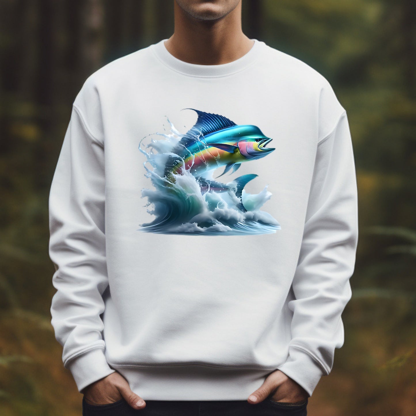 White sweatshirt with a colorful mahi mahi thrashing fish design on a blurred natural background