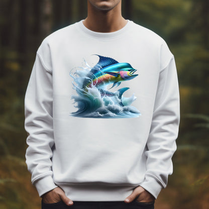 White sweatshirt with a colorful mahi mahi thrashing fish design on a blurred natural background