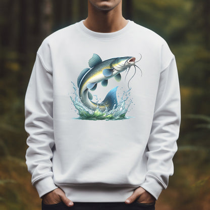 Person wearing a white sweatshirt with a catfish graphic on a blurred natural background