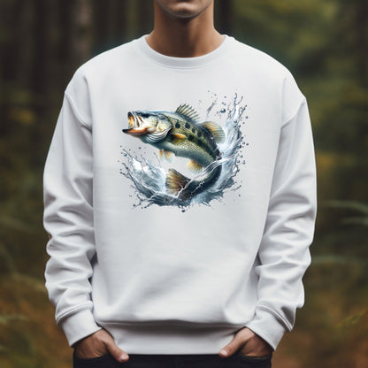 White sweatshirt with a smallmouth bass fish leaping graphic worn by a man against a blurred natural background