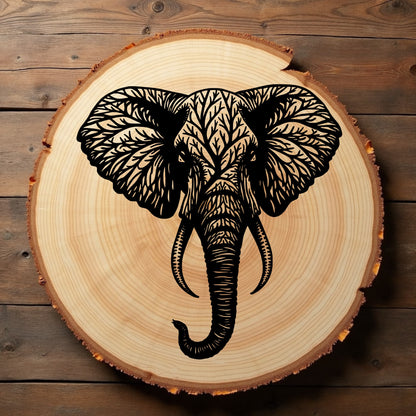 Wooden slice with a black elephant tree engraving sitting on a wooden background