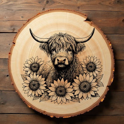 Wooden plaque with a highland cow and sunflowers design on a wooden background