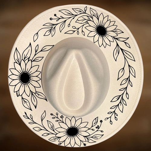 Floral wreath design on a wide brim hat using Mexican flowers.