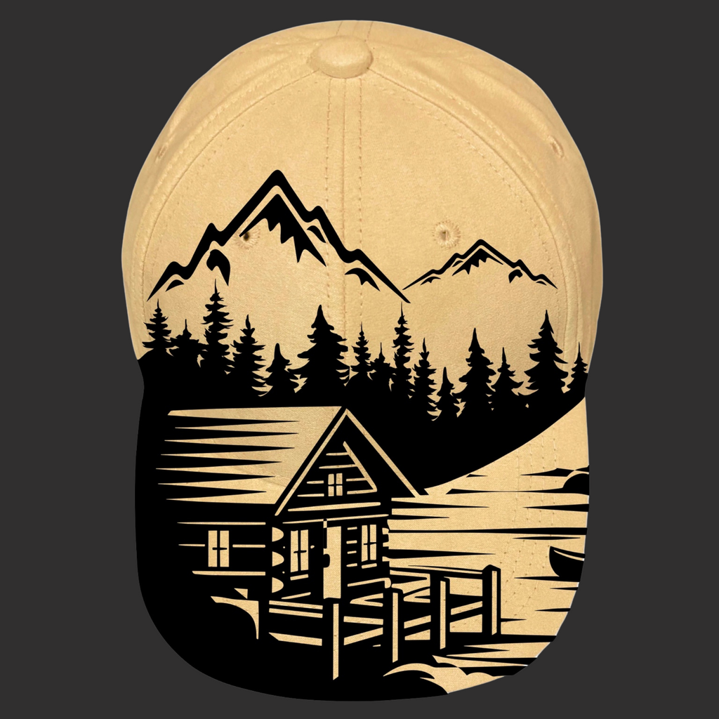 A beige baseball cap with a black and white mountain cabin design.