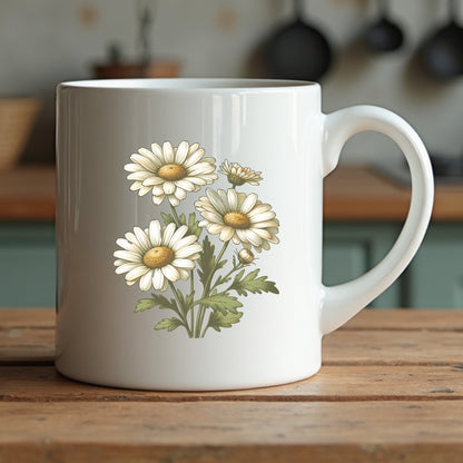 White mug with daisies design on a wooden surface