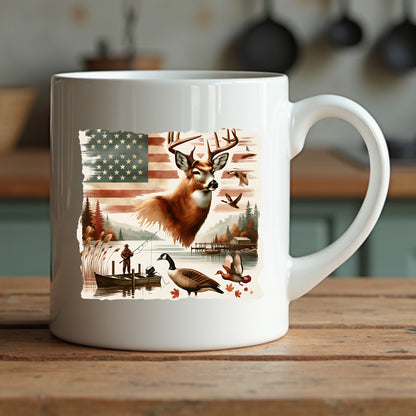 White mug with a nature-themed design featuring a deer, American flag, and fishing scene on a wooden surface.