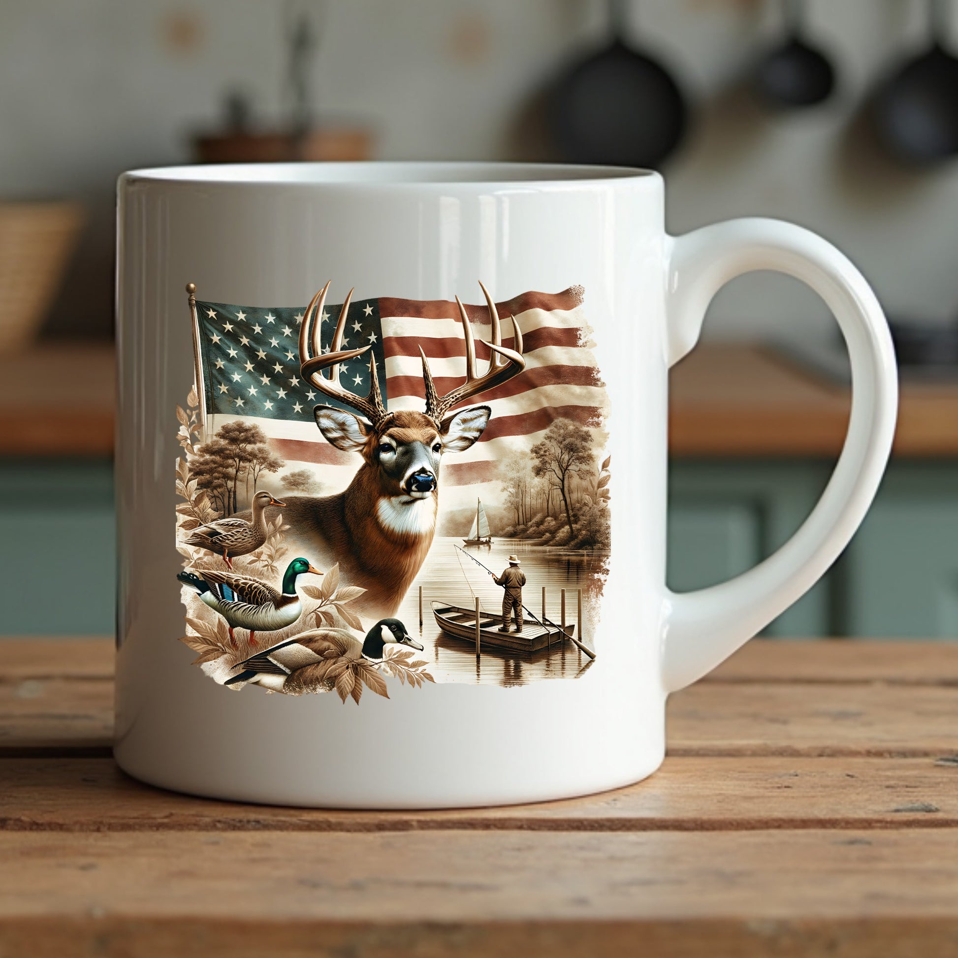 White mug with a deer and American flag design on a wooden surface
