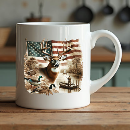 White mug with a deer and American flag design on a wooden surface