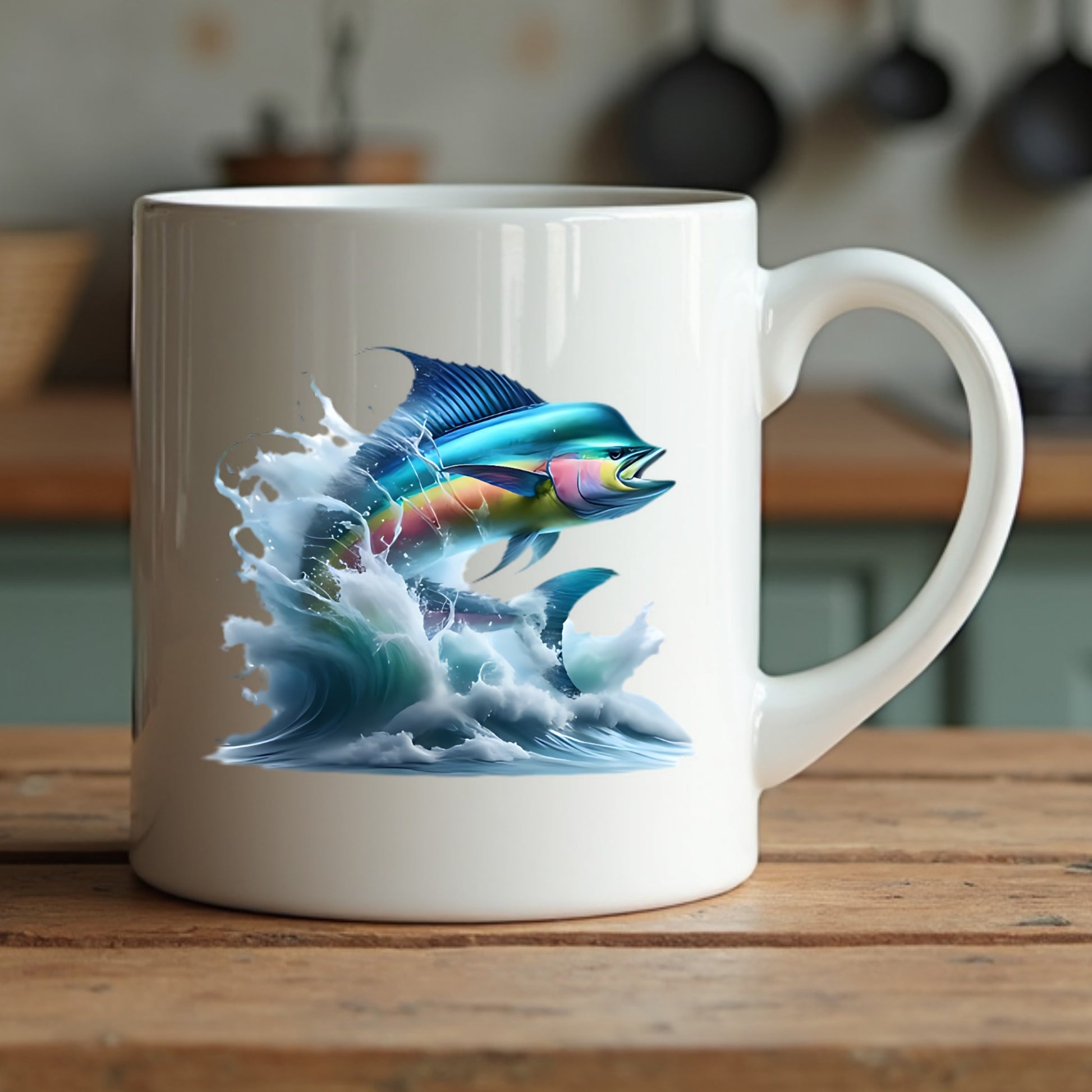 White mug with a colorful mahi mahi thrashing design sitting on a wooden table