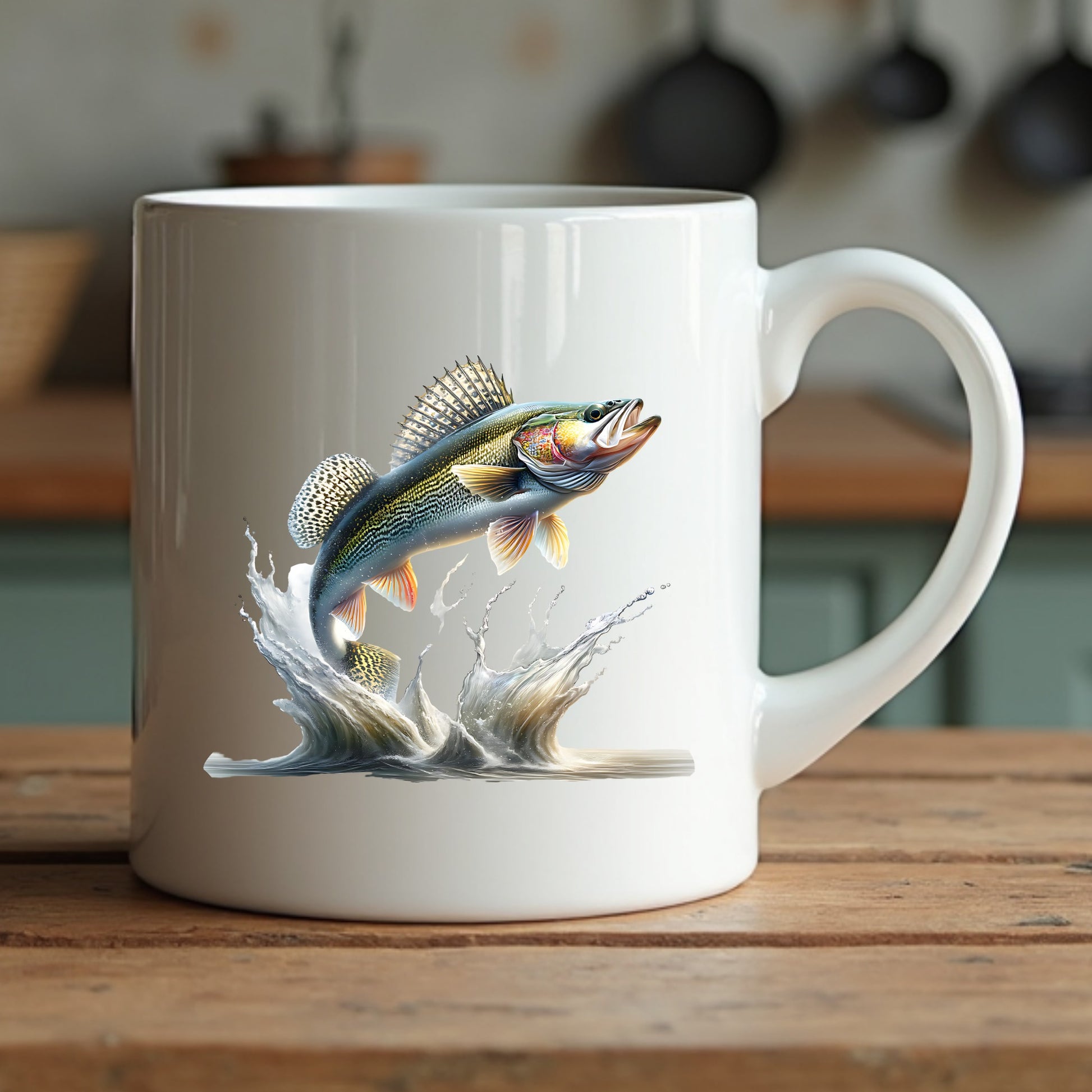 White mug with a walleye fish design on a wooden surface