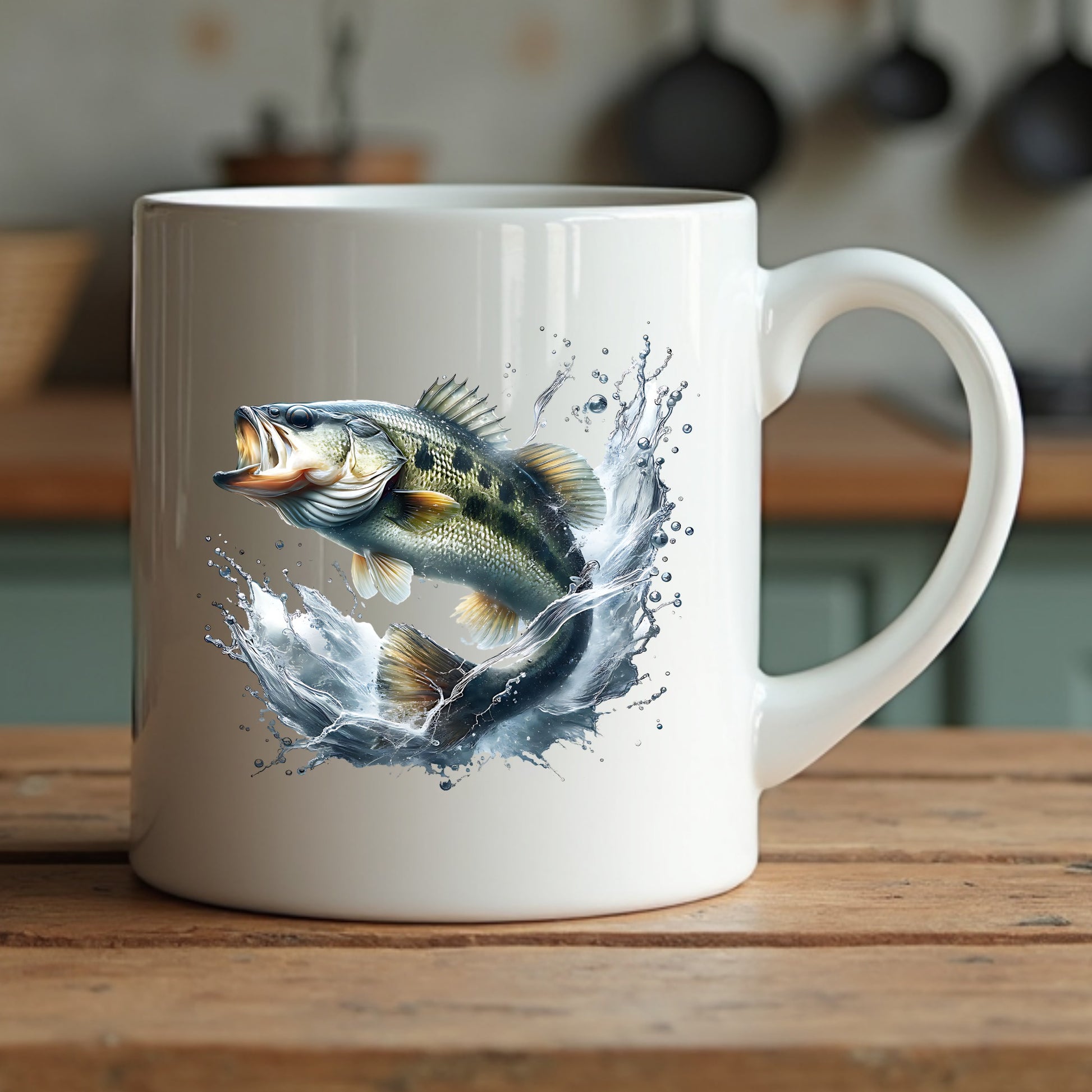White mug with a smallmouth bass fish design on a wooden surface
