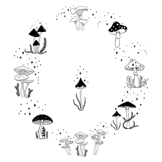 Black and white illustration of mushrooms and stars on a white background