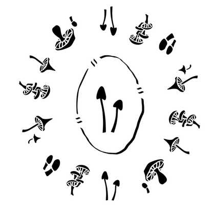 Black and white illustration of mushroom shapes on a white background