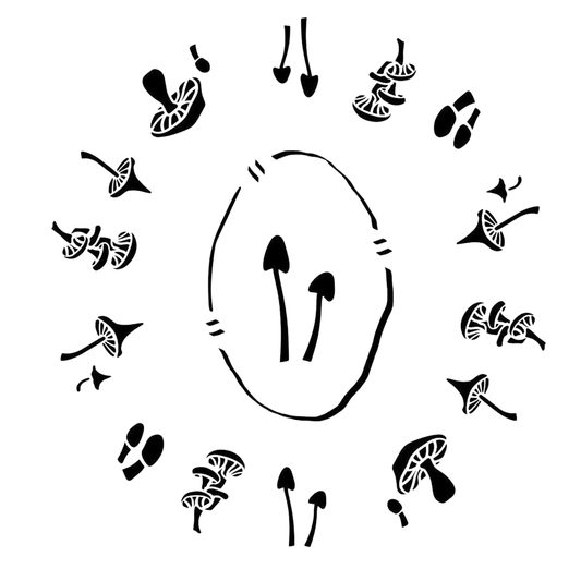 Black and white illustration of mushroom shapes on a white background