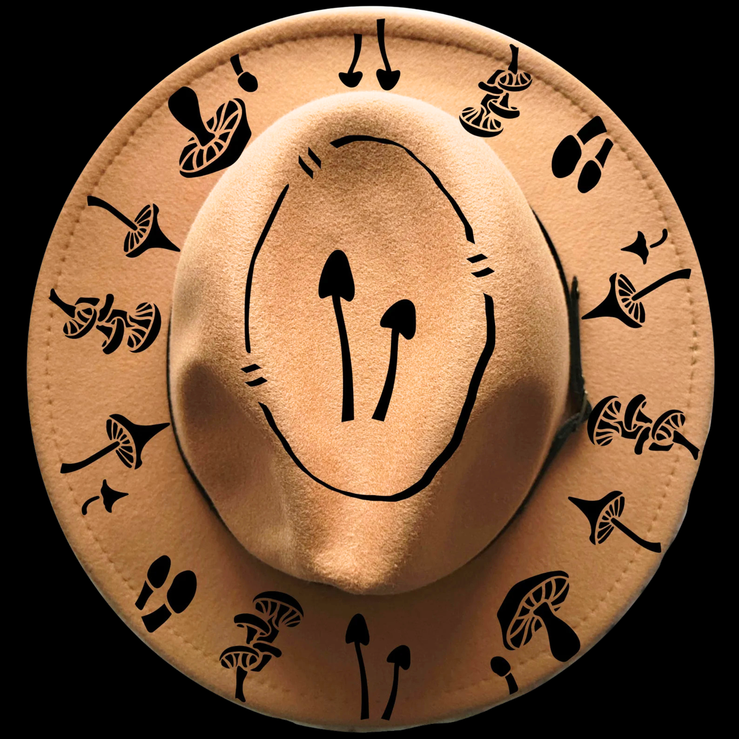 A narrow brim hat with black mushroom patterns on a black background