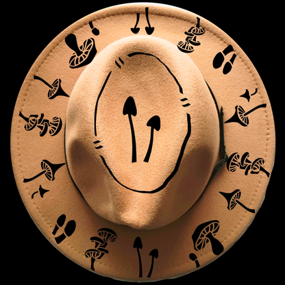 A narrow brim hat with black mushroom patterns on a black background