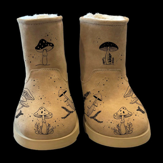 Mushroom boot burning design on a pair of boots.