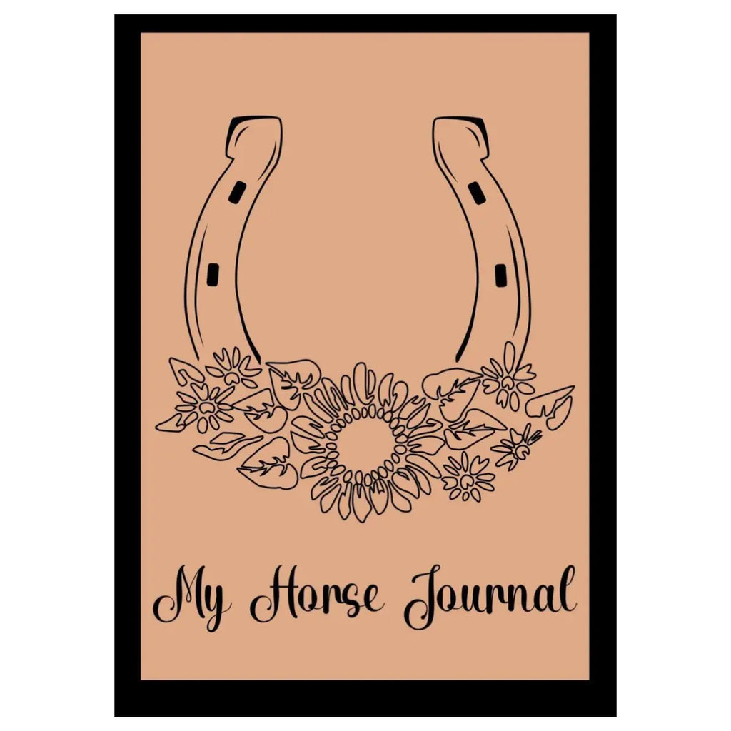 Cover of 'My Horse Journal' with horseshoe and floral design on a beige background