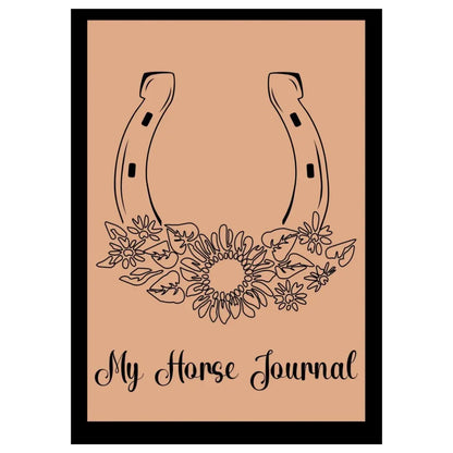 Cover of 'My Horse Journal' with horseshoe and floral design on a beige background