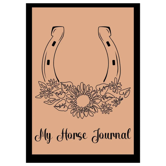 Cover of 'My Horse Journal' with horseshoe and floral design on a beige background
