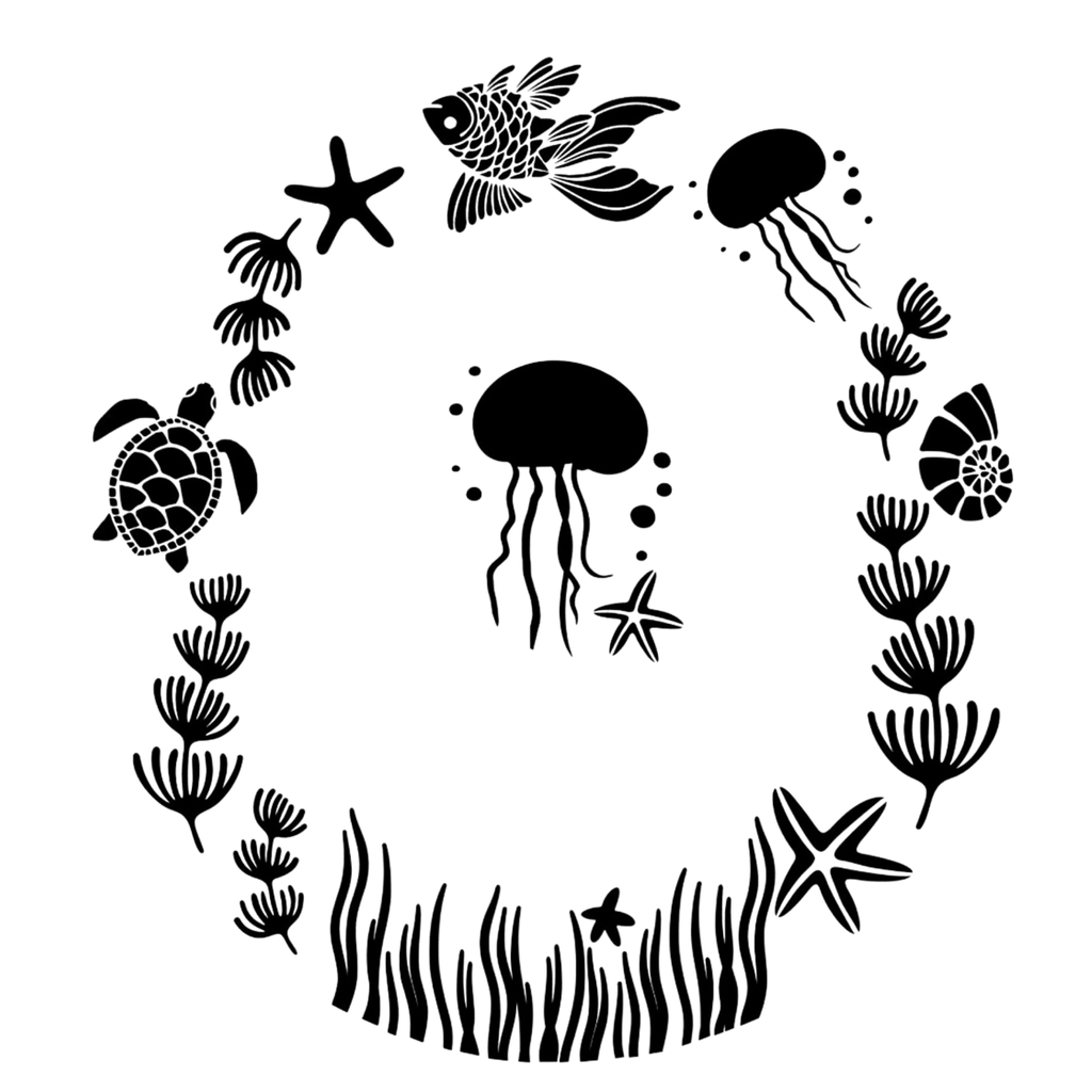 Circular design with black sea creatures and plants on a white background