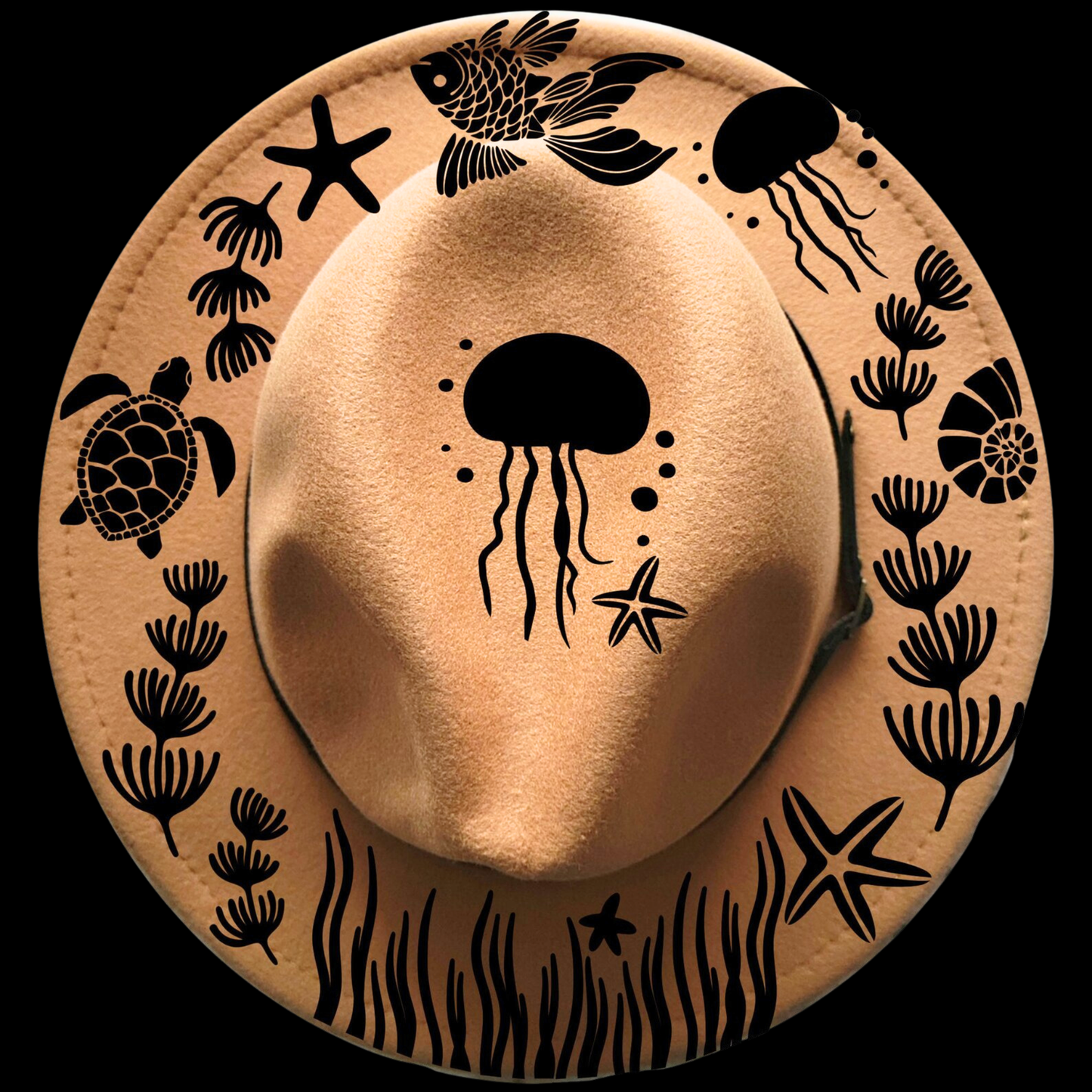 Narrow brim hat with black sea creature illustrations on a black background