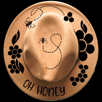 Narrow brim hat with black floral, bee, and honeycomb designs on a black background