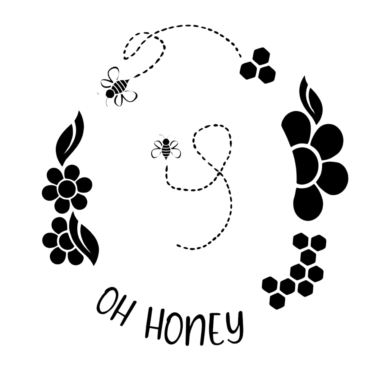 Decorative design with flowers, bees, and 'OH HONEY' text on a white background
