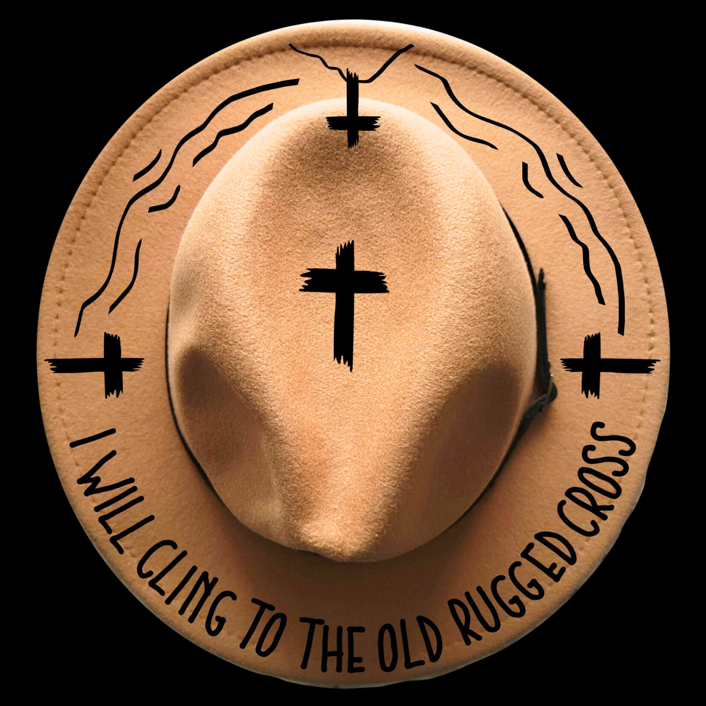 Narrow brim hat with black cross design and text on a black background