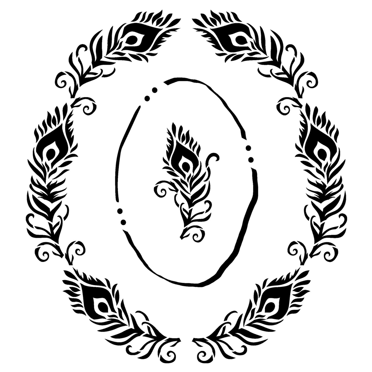 Decorative black peacock feather design on a white background