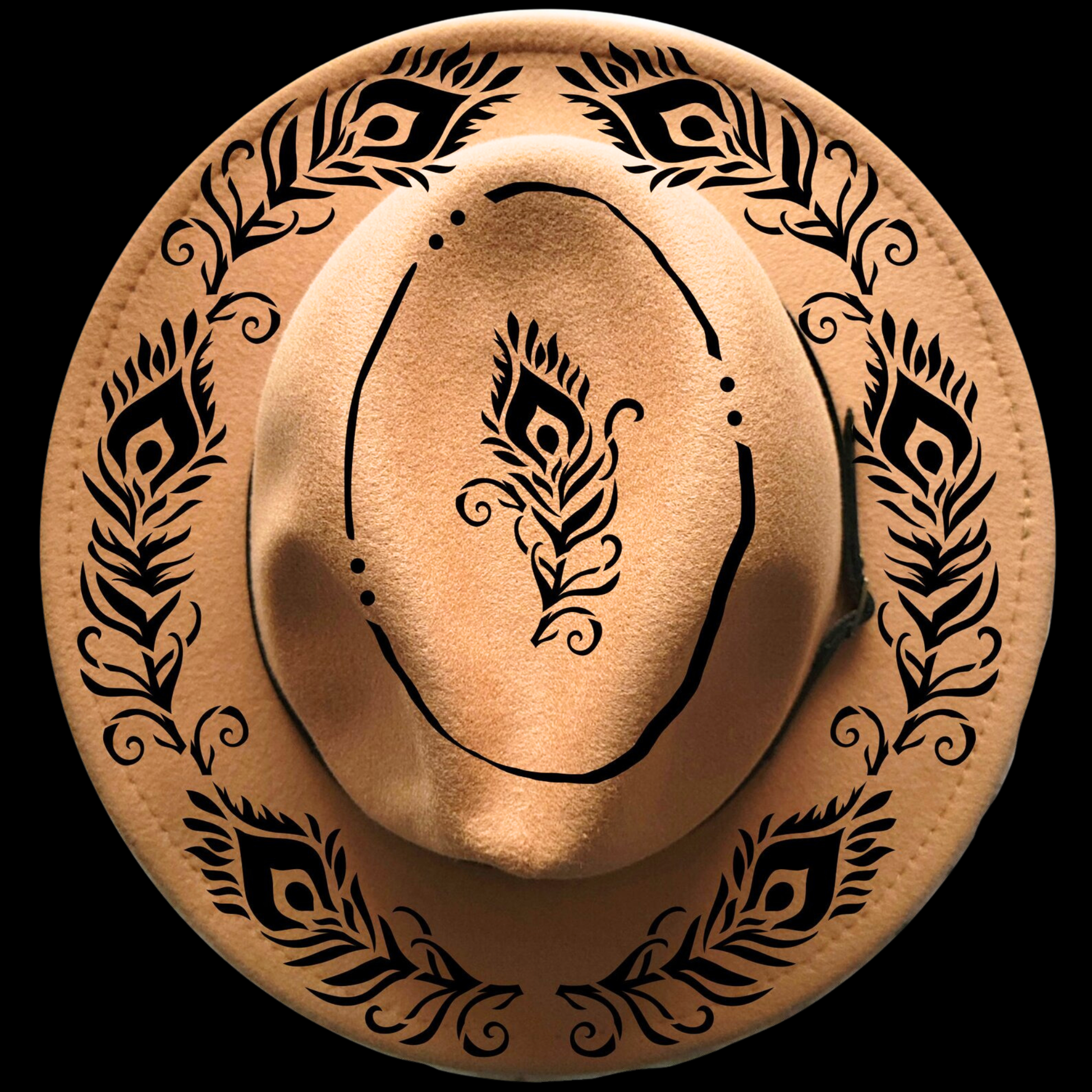 Narrow brim hat with black peacock feathers design on a black background